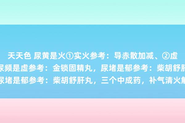 天天色 尿黄是火①实火参考：导赤散加减、②虚火参考：知柏地黄丸，尿频是虚参考：金锁固精丸，尿堵是郁参考：柴胡舒肝丸，三个中成药，补气清火解郁